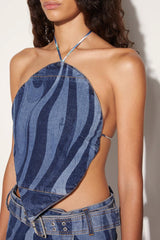 PUCCI Marmo-Print Denim Crop Top | Women Tops And Shirts