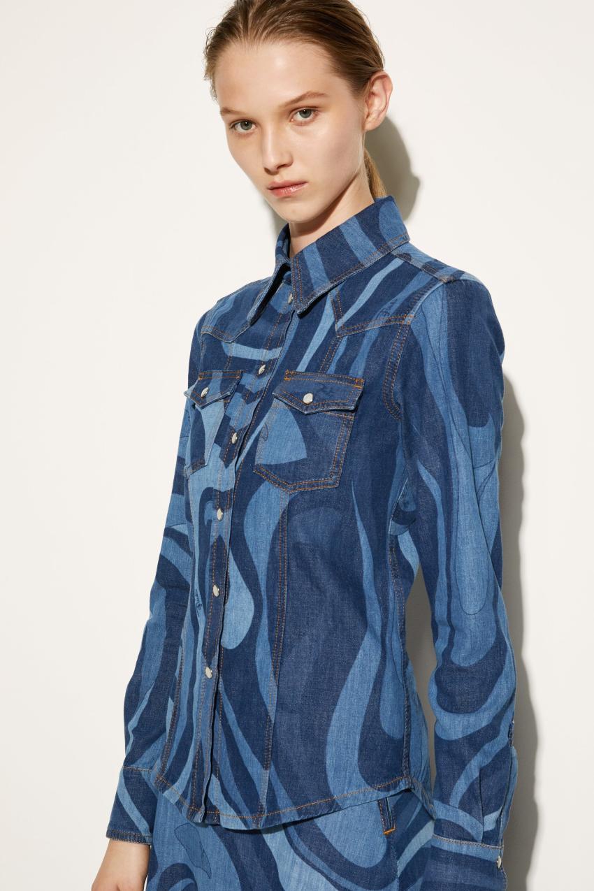 PUCCI Marmo-Print Denim Shirt | Women Tops And Shirts