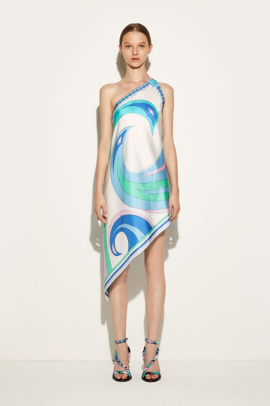 PUCCI Cigni-Print Asymmetric Silk-Twill Dress | Women Dresses