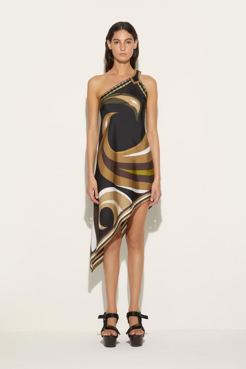 PUCCI Cigni-Print Asymmetric Silk-Twill Dress | Women Dresses
