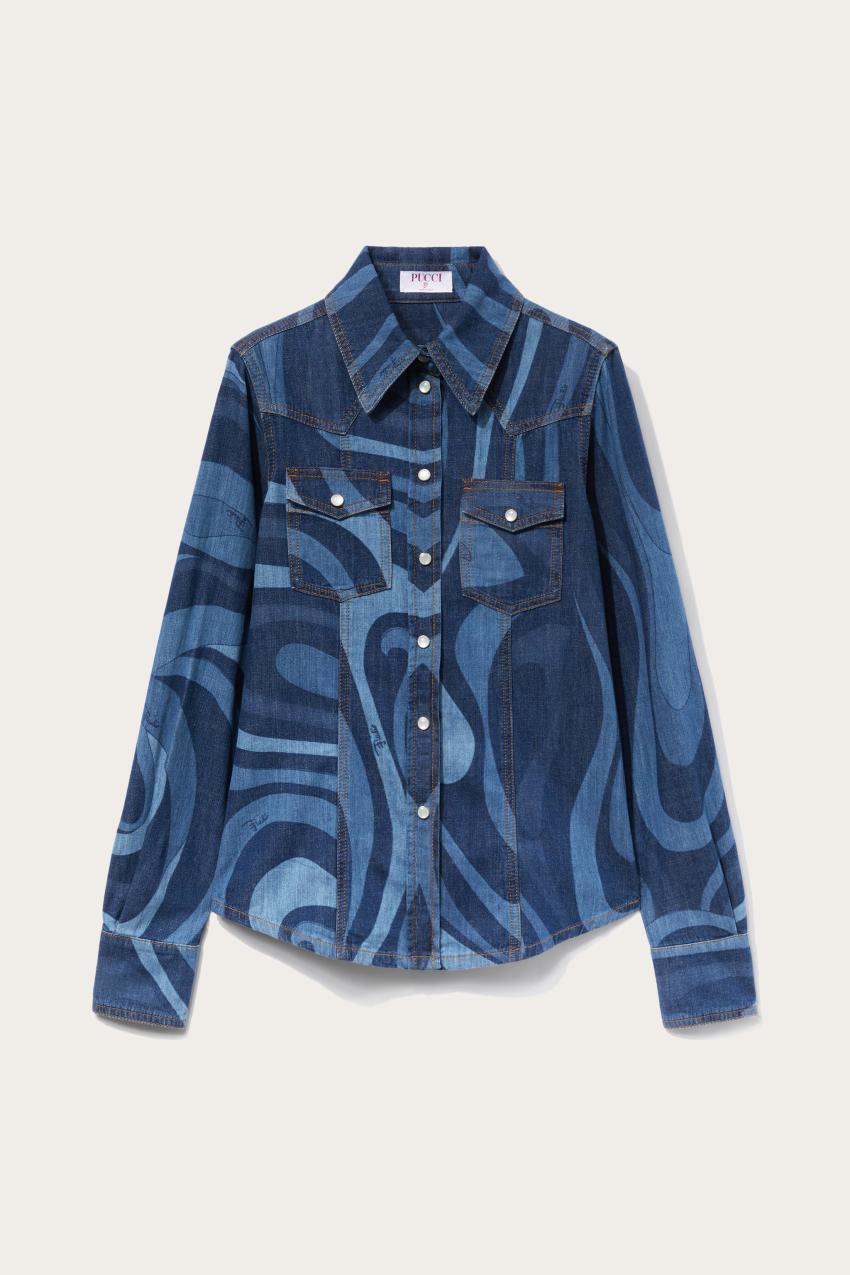 PUCCI Marmo-Print Denim Shirt | Women Tops And Shirts